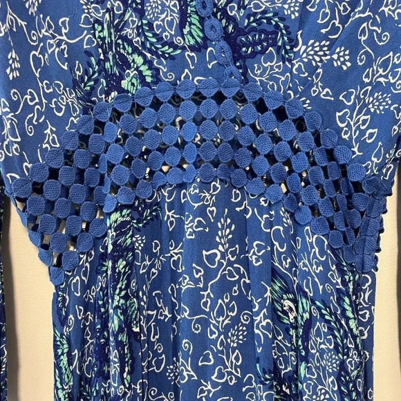 Poupette St Barth Joan Maxi Crochet Waist Dress in Blue Malva Bird Print XS - Picture 7 of 13